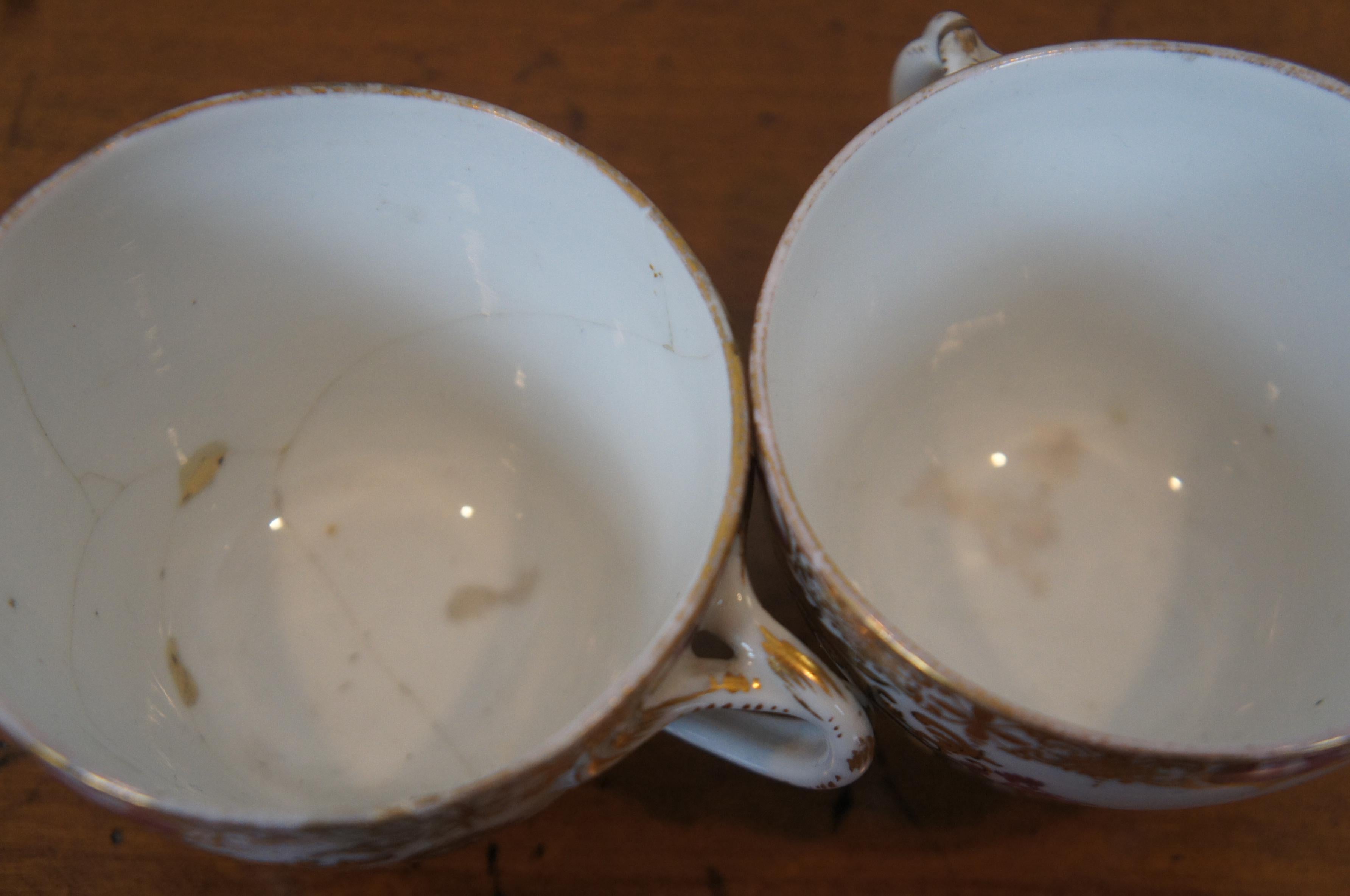 2 Antique Meissen German Porcelain Lidded Chocolate Tea Cups & Saucers on Stands For Sale 5
