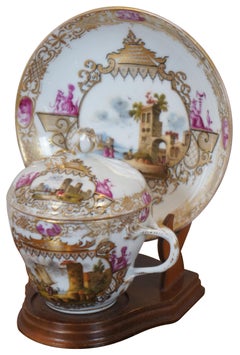 2 Antique Meissen German Porcelain Lidded Chocolate Tea Cups & Saucers on Stands