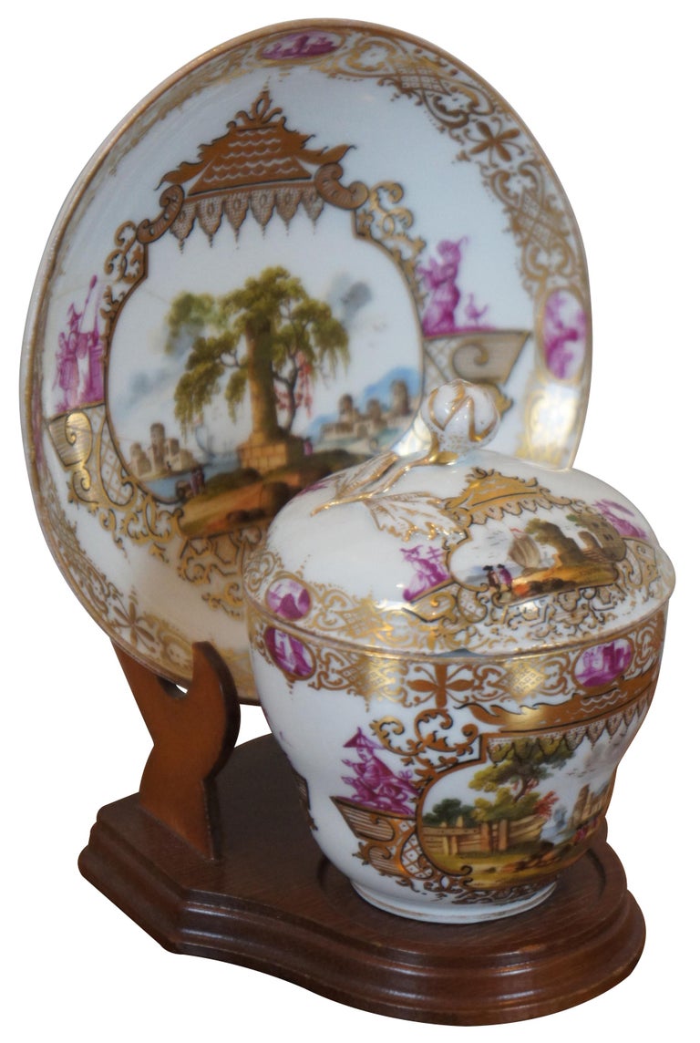 2 Antique Meissen German Porcelain Lidded Chocolate Tea Cups and