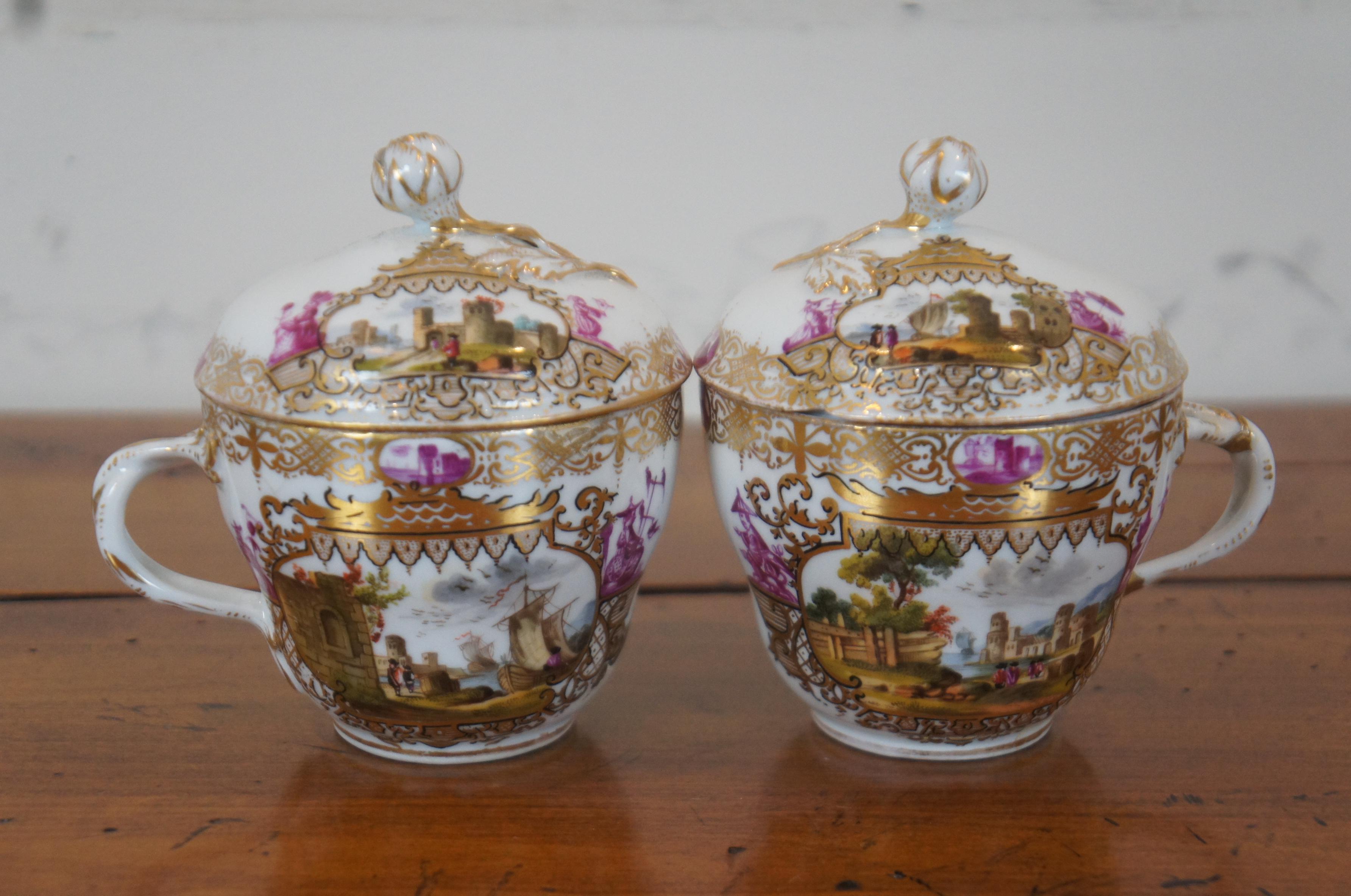 2 Antique Meissen German Porcelain Lidded Chocolate Tea Cups & Saucers on Stands For Sale 2
