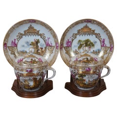 2 Antique Meissen German Porcelain Lidded Chocolate Tea Cups & Saucers on Stands