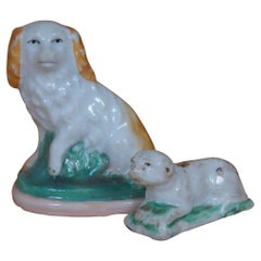 2 Antique Miniature Staffordshire Dogs King Charles Spaniel Bulldog 2" to 3"