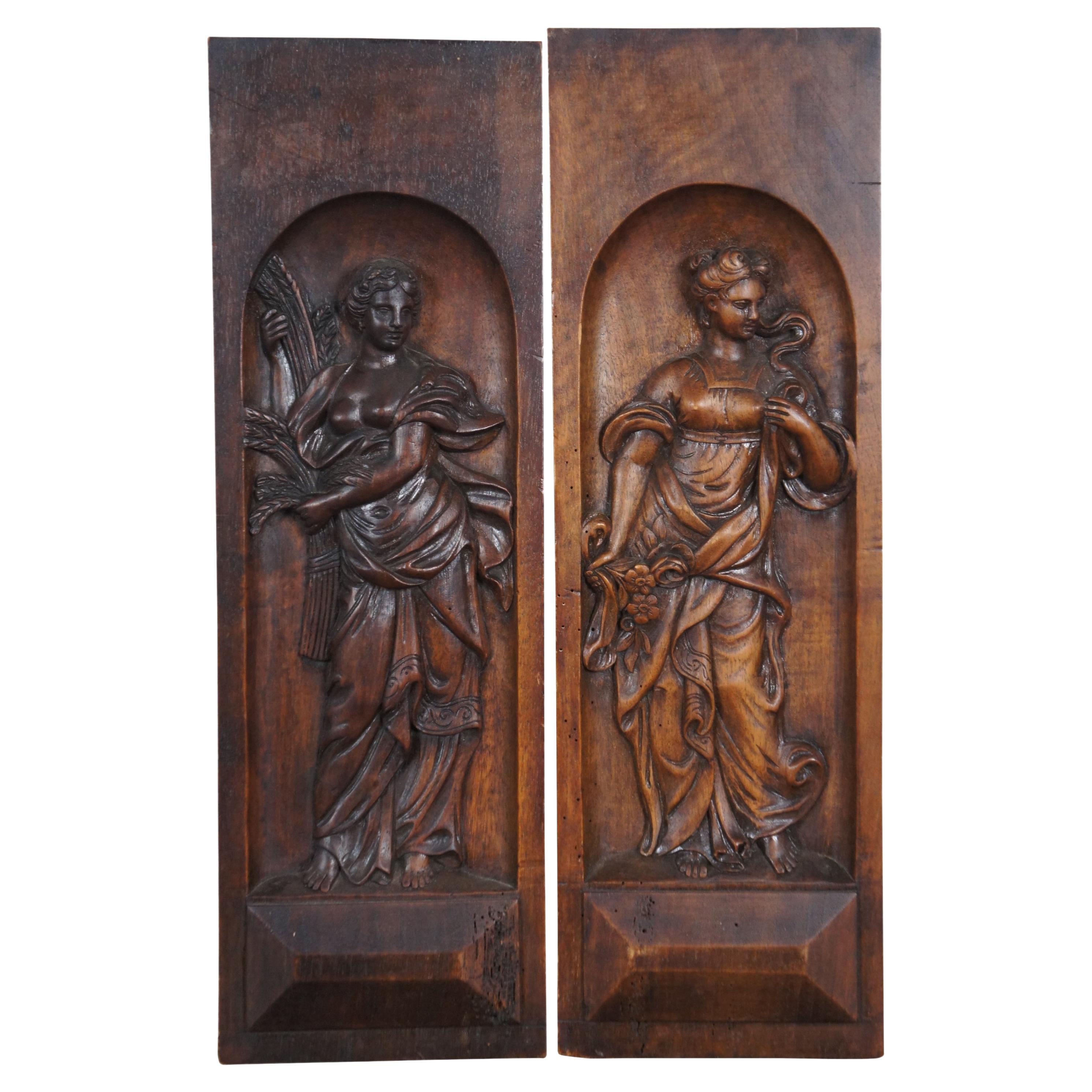 2 Antique Neoclassical Carved Walnut Figural Bas Relief Panels Plaques 21"