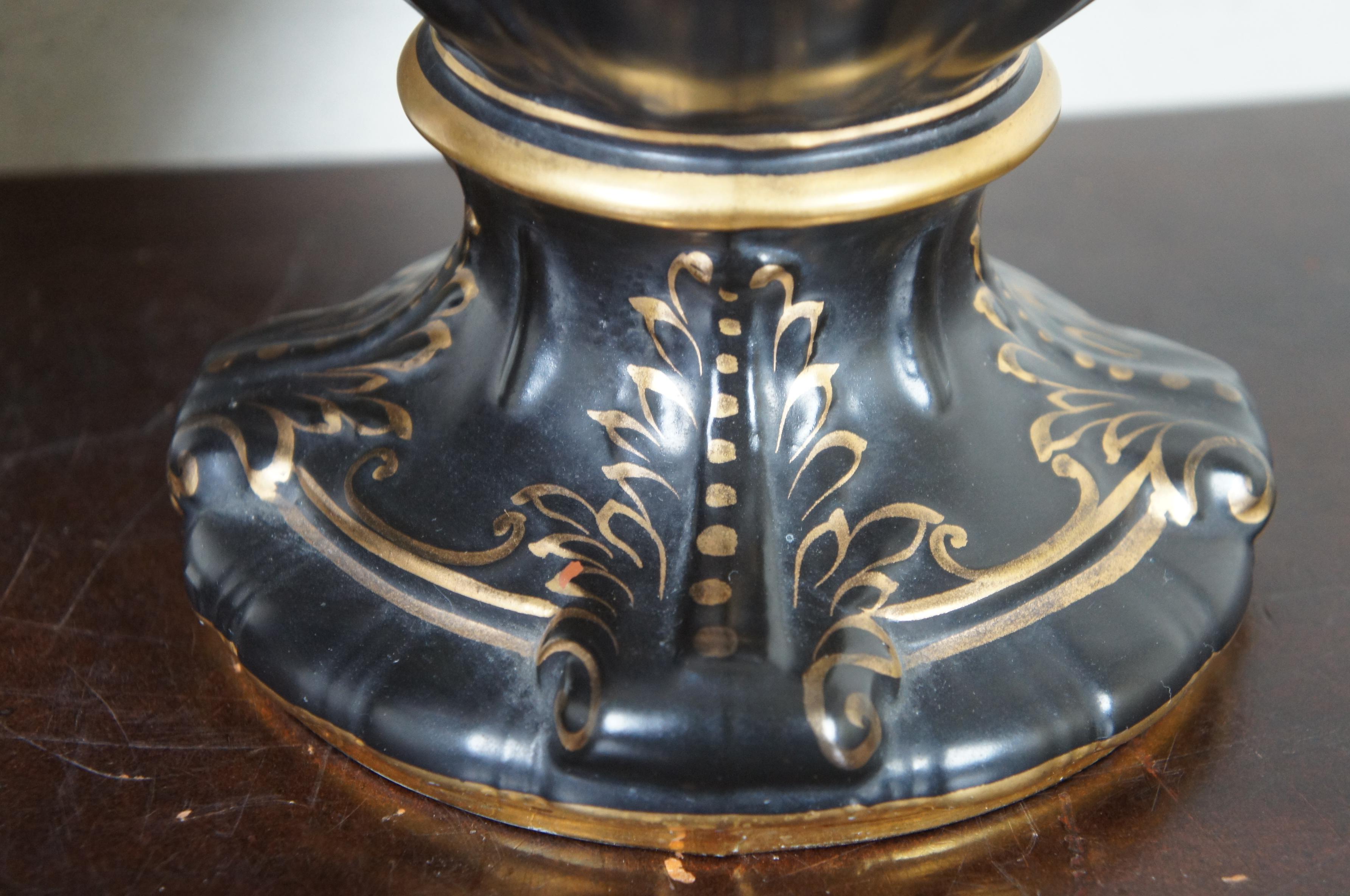 Antique Neoclassical English Black & Gold Grecian Painted Mantel Urn Vase, Pair 2