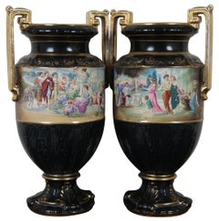 Antique Neoclassical English Black & Gold Grecian Painted Mantel Urn Vase, Pair