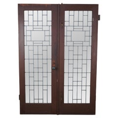 2 Antique Oak Arts & Crafts Reclaimed Leaded Glass Entry French Doors 56 x 80"