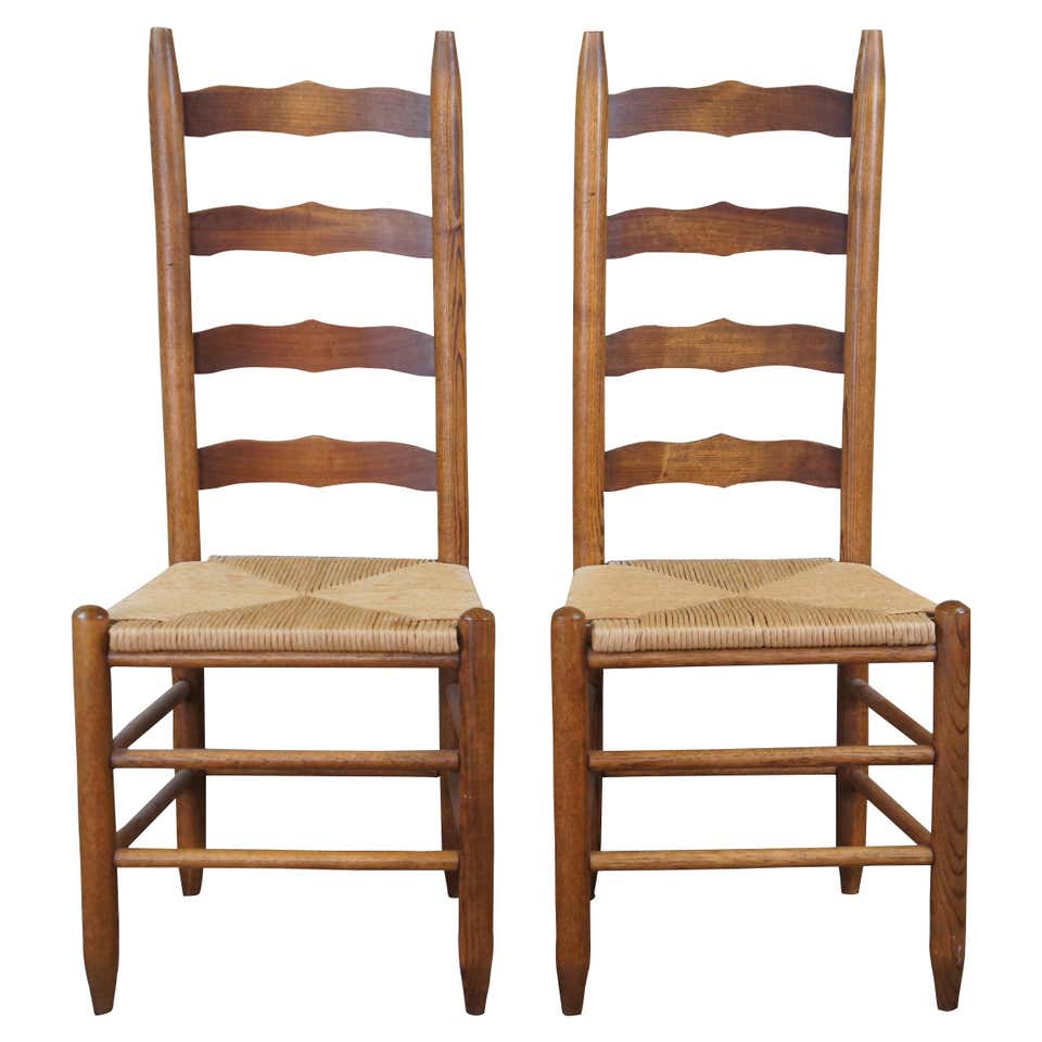 2 Antique Oak Ladderback Rush Shaker Style Side Dining Chairs Country ...