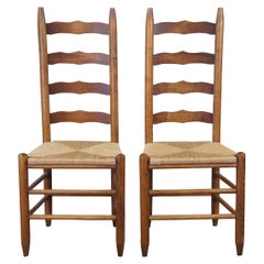 2 Antique Oak Ladderback Rush Shaker Style Side Dining Chairs Country Farmhouse