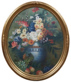 2 Antique Oval Floral Still Life Oil Paintings on Canvas Painting Flowers Fruit