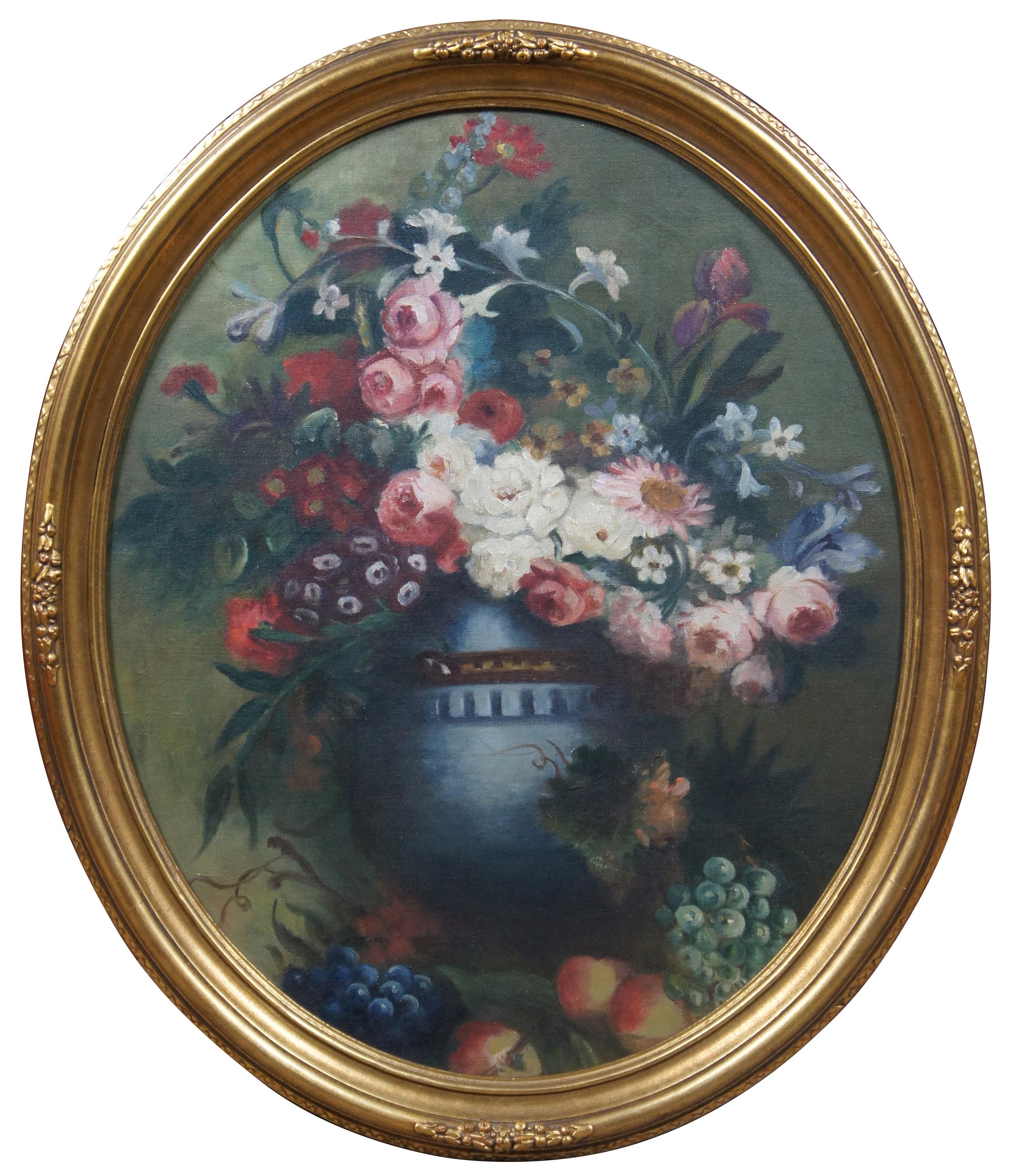 Victorian 2 Antique Oval Floral Still Life Oil Paintings on Canvas Painting Flowers Fruit