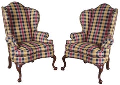 2 Antique Plaid Queen Anne Wingback Library Club Accent Arm Chairs