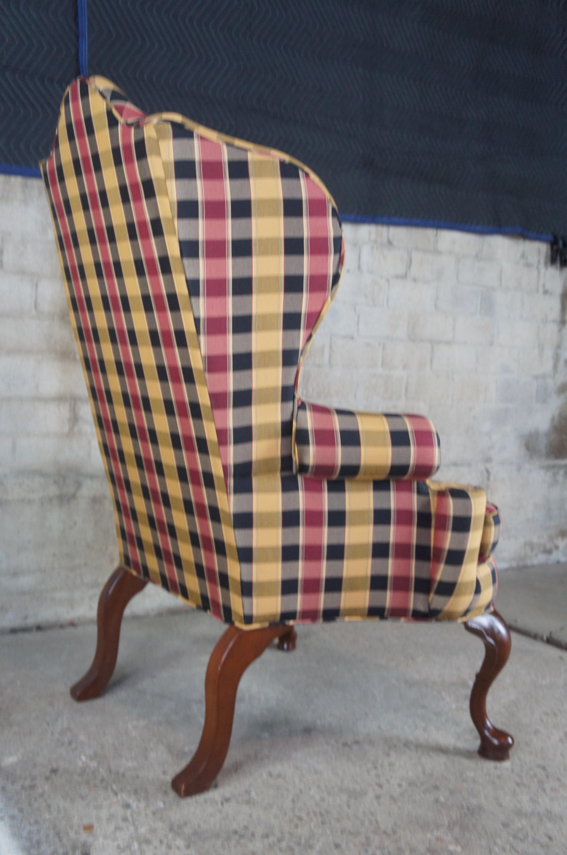 20th Century 2 Antique Plaid Queen Anne Wingback Library Club Accent Arm Chairs
