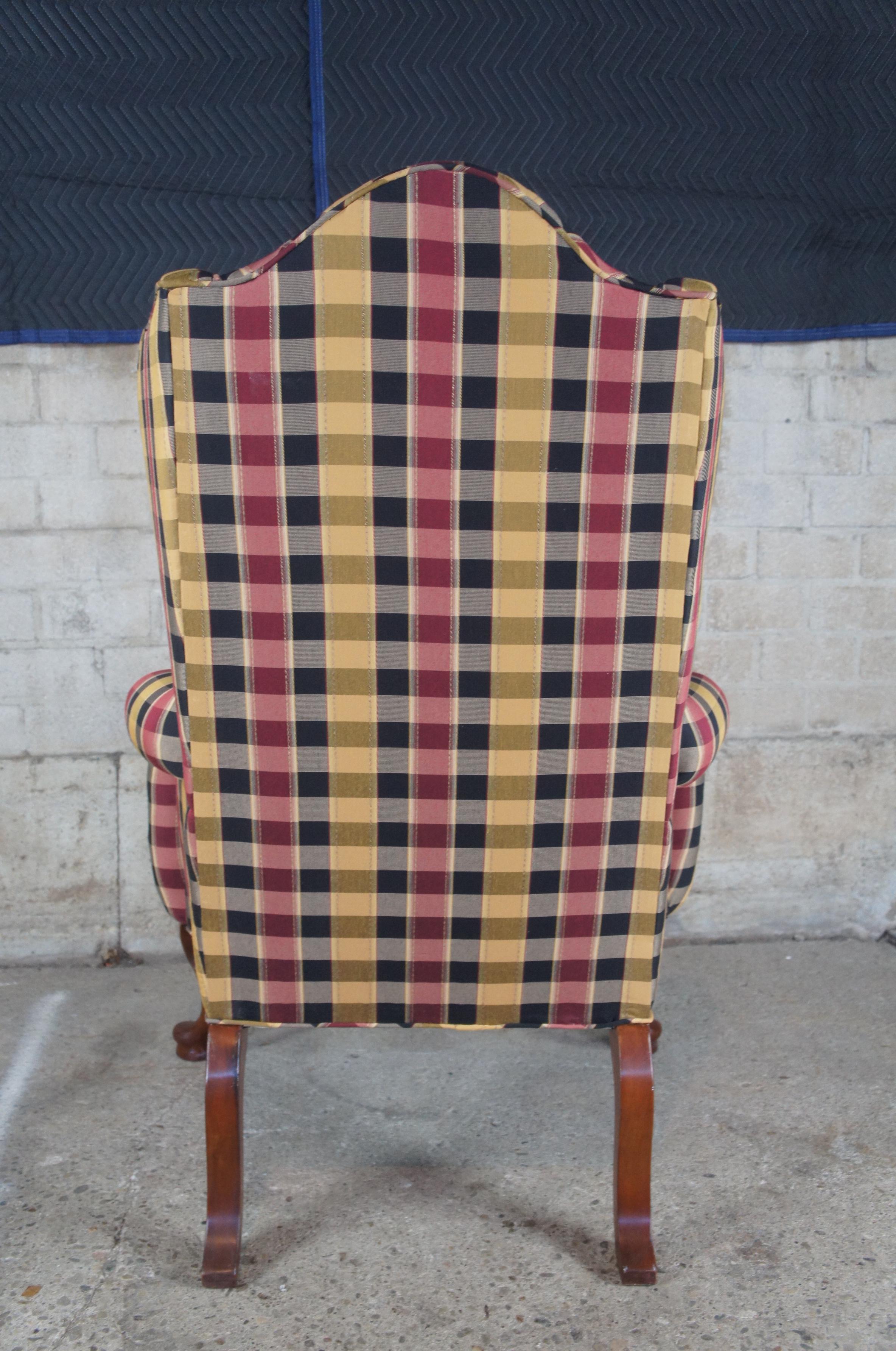2 Antique Plaid Queen Anne Wingback Library Club Accent Arm Chairs 1