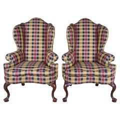 2 Antique Plaid Queen Anne Wingback Library Club Accent Arm Chairs
