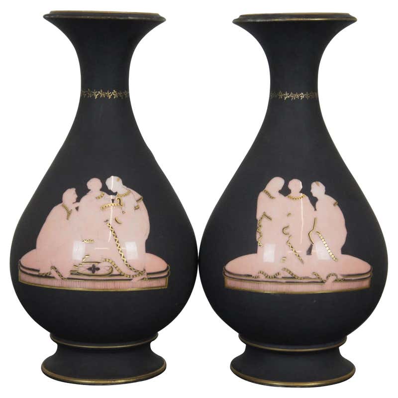 2 Antique Porcelain Cameo Mantel Vases Urns Grecian Scene Shell Inlay ...