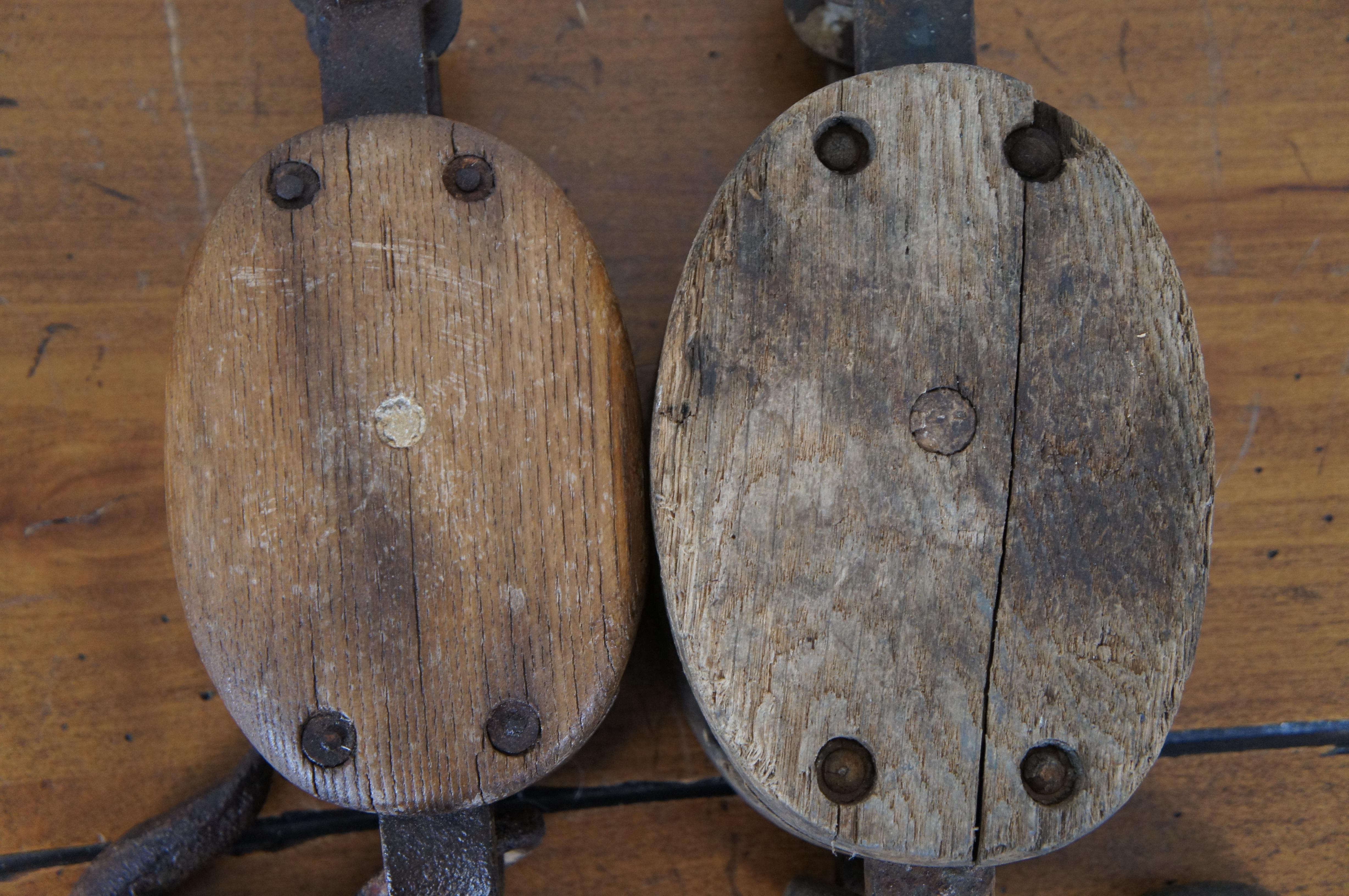 2 Antique Primitive Industrial Cast Iron & Wood Block Pulley Hooks Starline 14