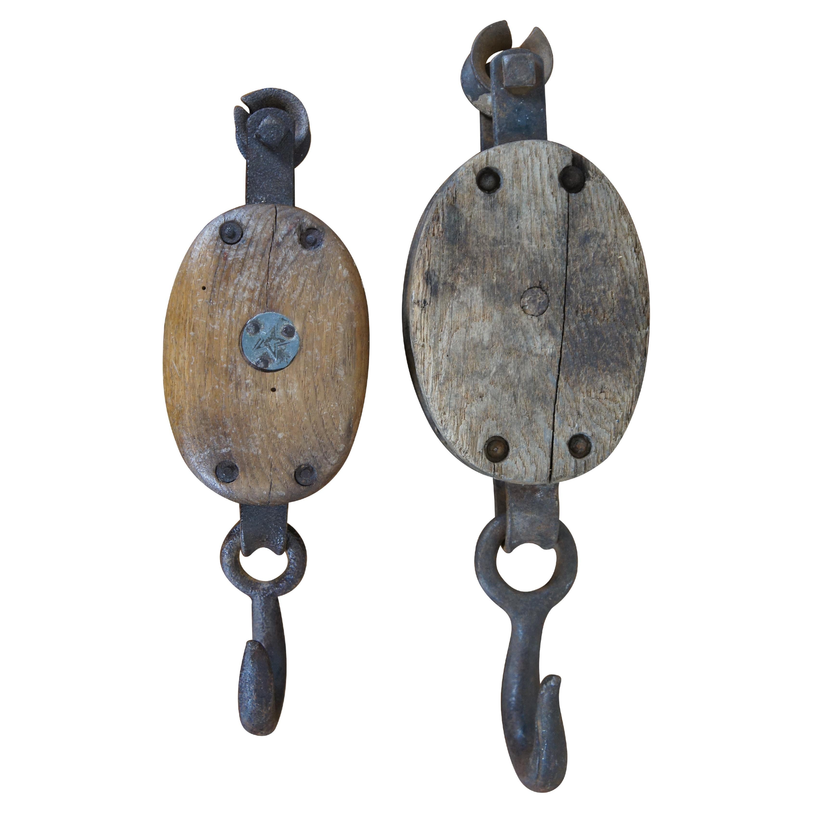 2 Antique Primitive Industrial Cast Iron & Wood Block Pulley Hooks Starline 14" For Sale