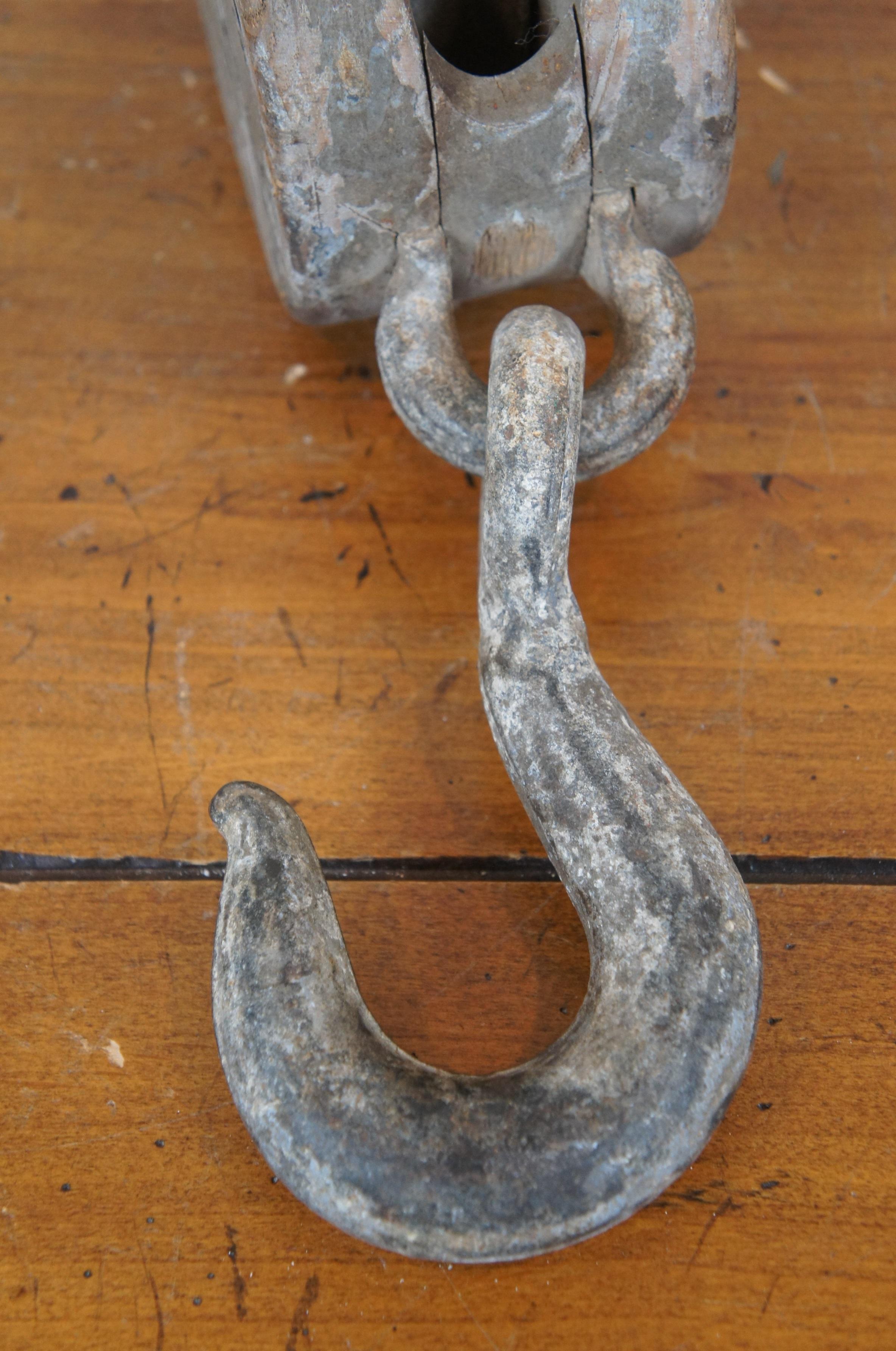 2 Antique Primitive Industrial Iron and Wood Block Pulley Hooks 14