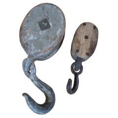 2 Antique Primitive Industrial Iron and Wood Block Pulley Hooks 14" & 9"