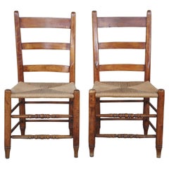 2 Antique Primitive Maple Country Farmhouse Ladderback Rush Side Dining Chairs