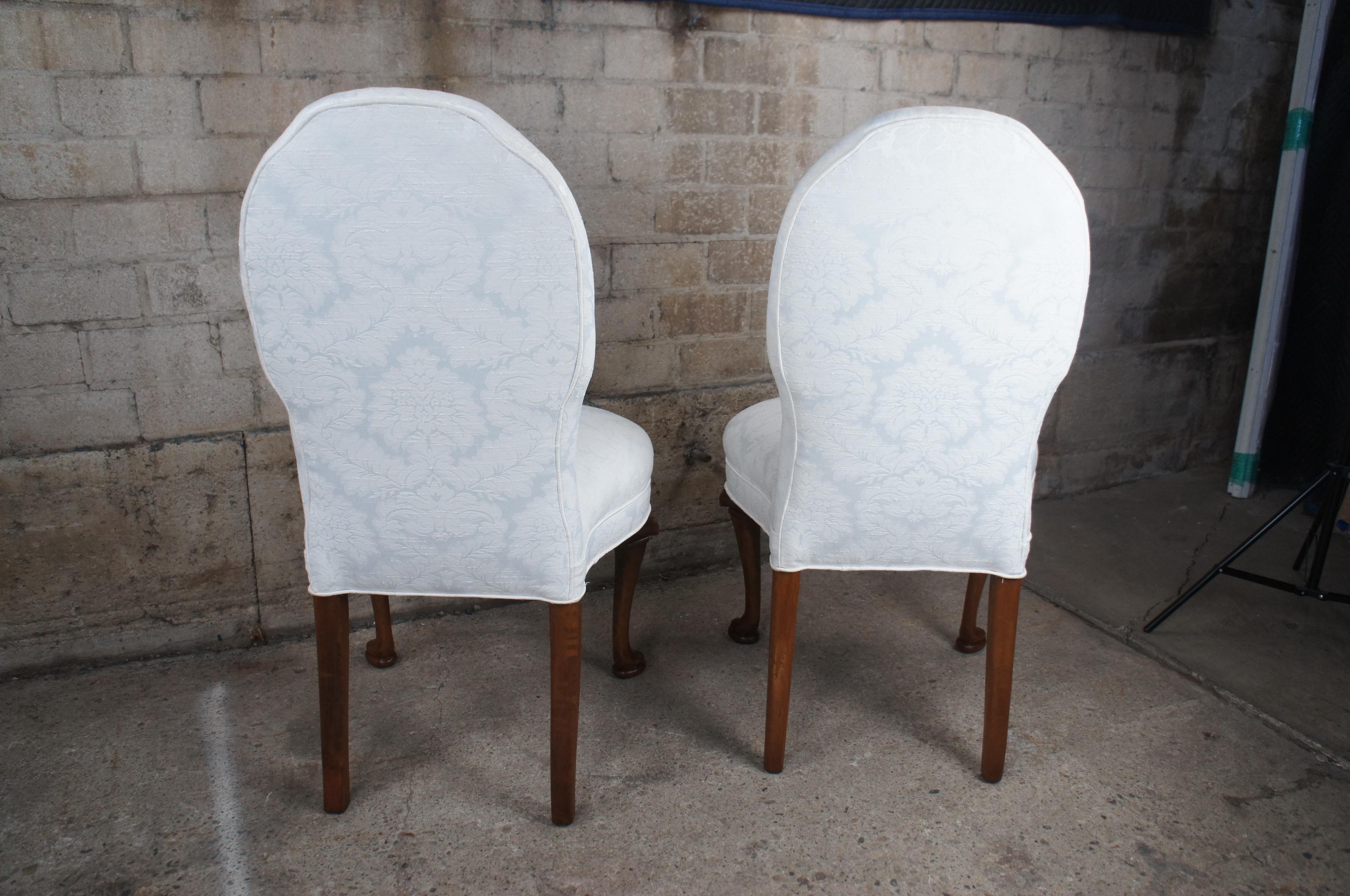 2 Antique Queen Anne Style Mahogany Carved Dining Side Chairs Silk Brocade For Sale 4