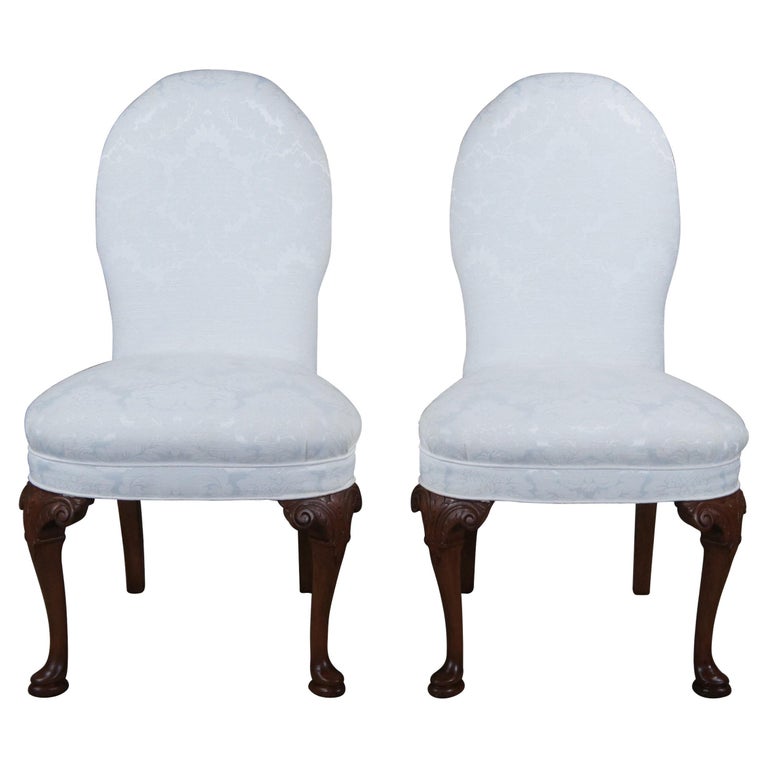 2 Antique Queen Anne Style Mahogany Carved Dining Side Chairs Silk