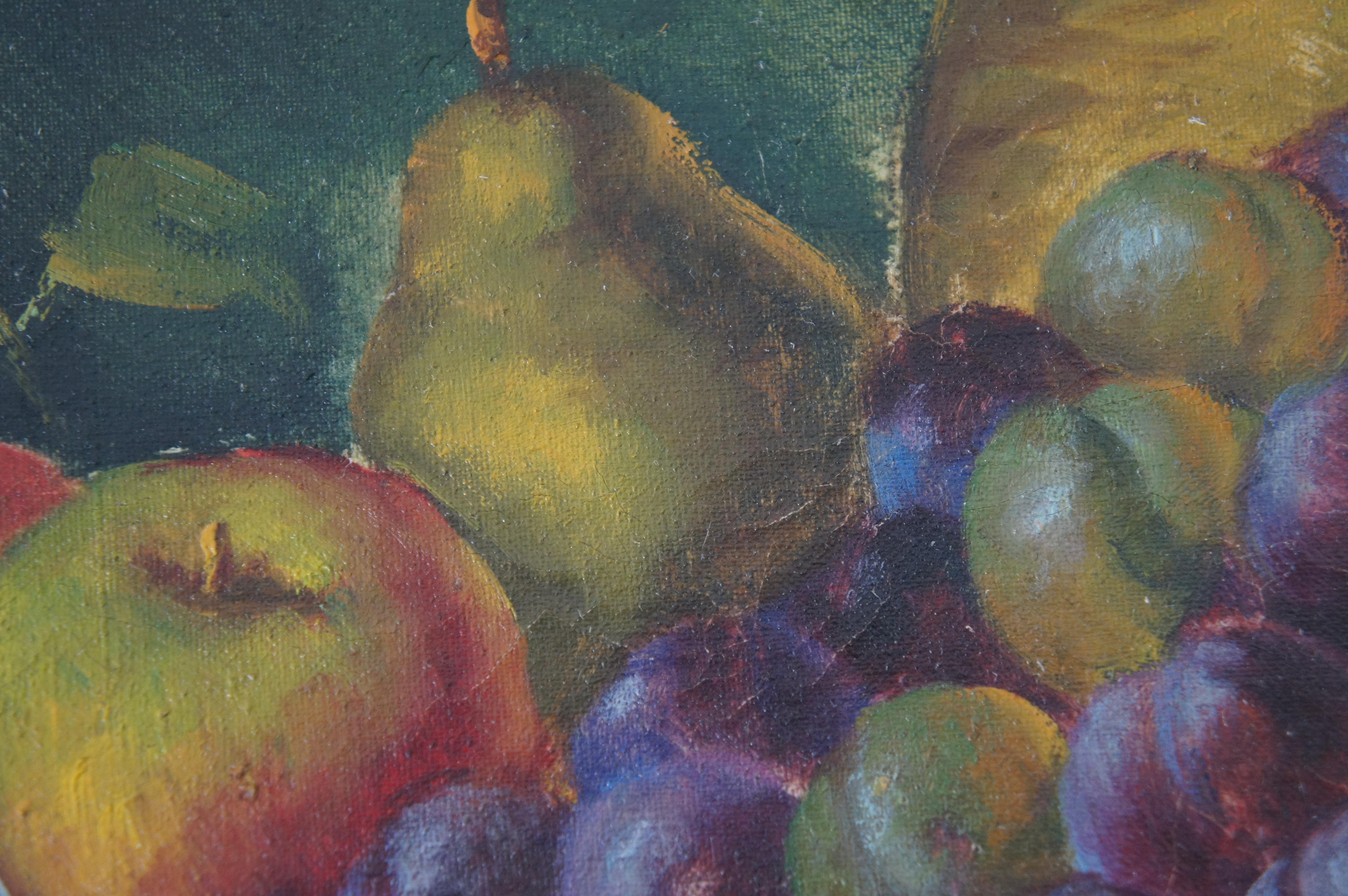 2 Antique Realist Still Life Oil Paintings on Canvas Fruit Grapes Plums For Sale 6