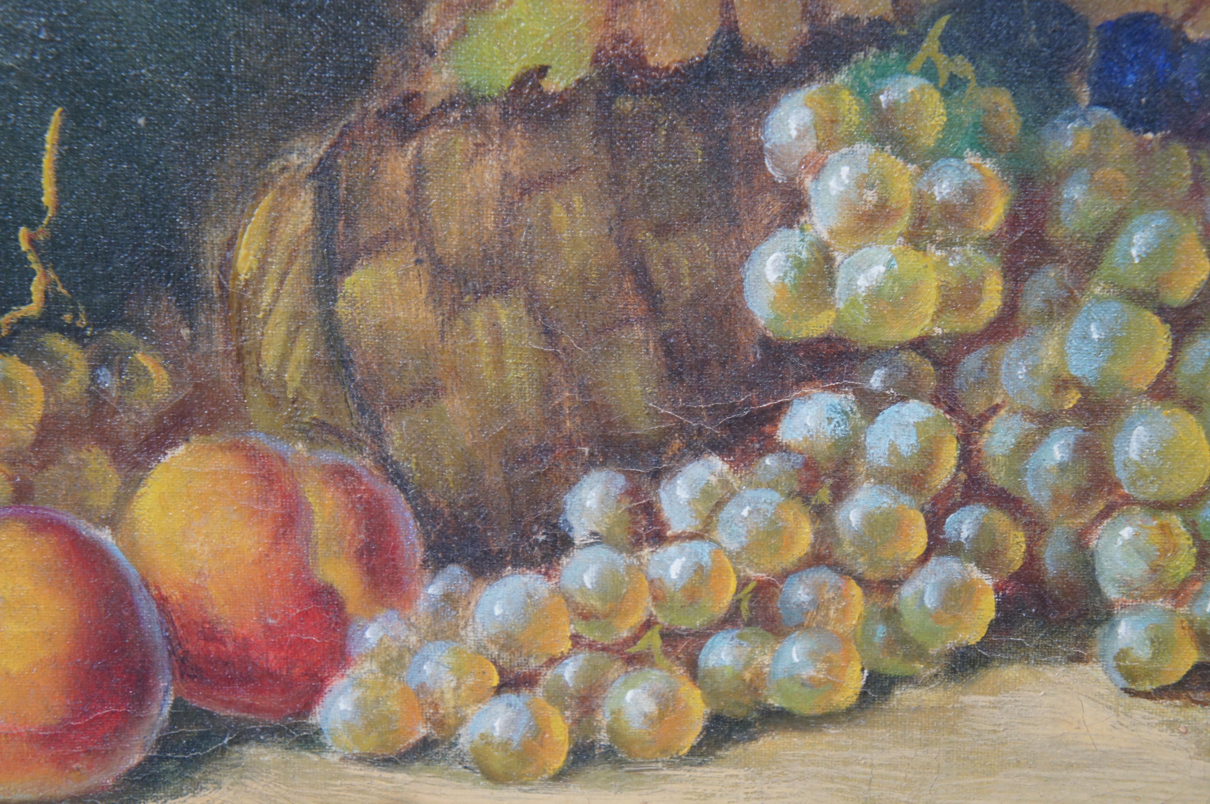 2 Antique Realist Still Life Oil Paintings on Canvas Fruit Grapes Plums For Sale 7
