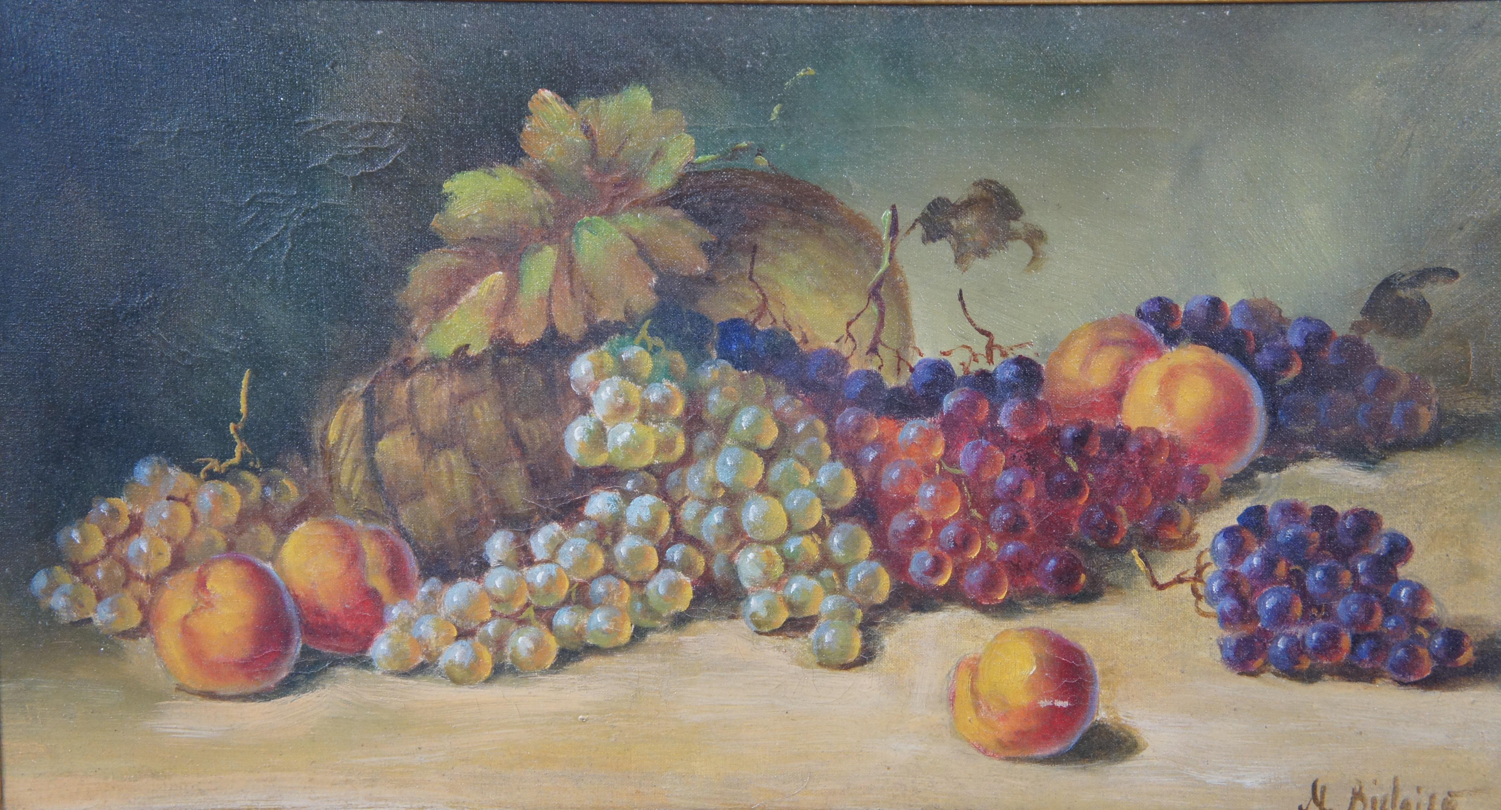 2 Antique Realist Still Life Oil Paintings on Canvas Fruit Grapes Plums For Sale 2