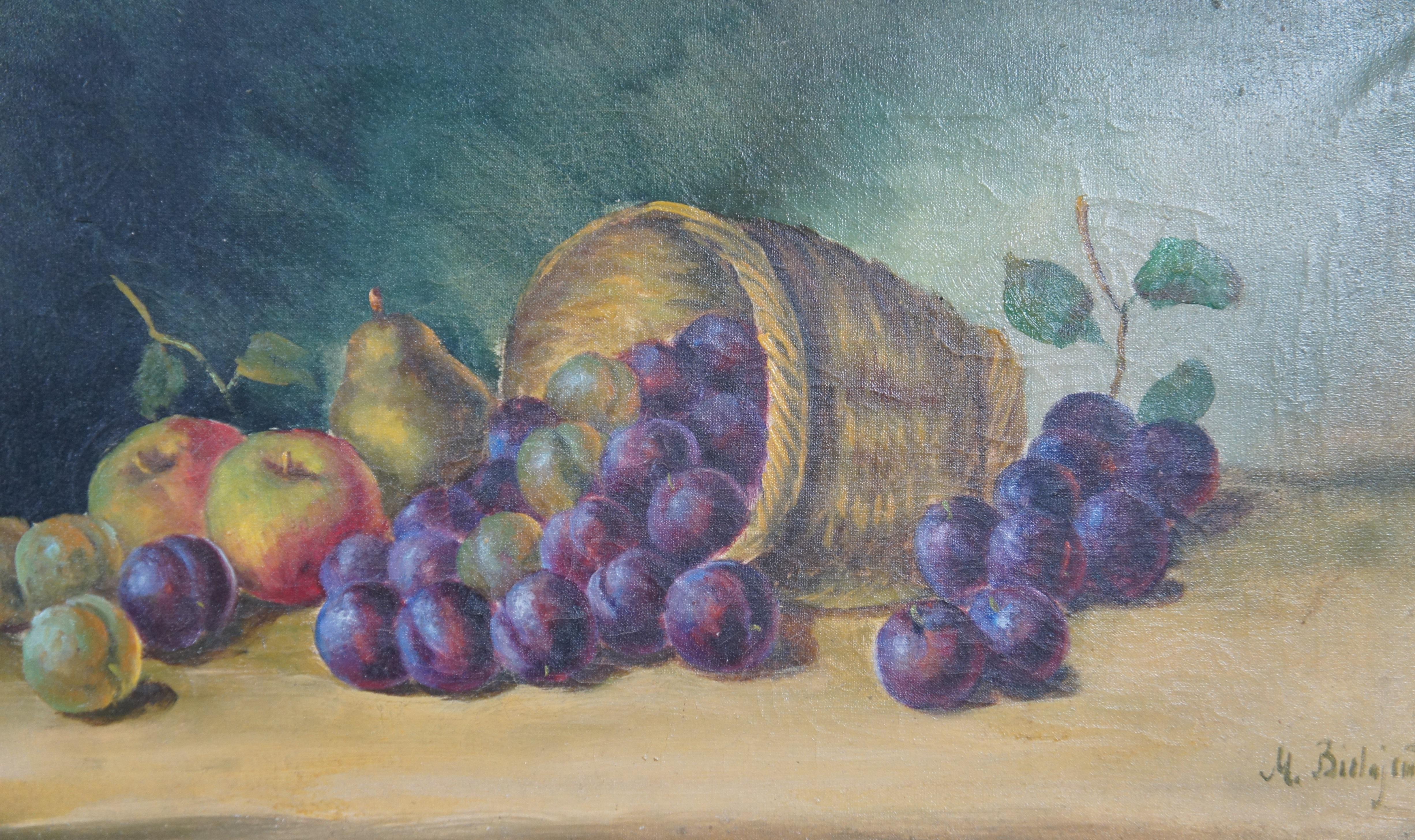 2 Antique Realist Still Life Oil Paintings on Canvas Fruit Grapes Plums For Sale 4