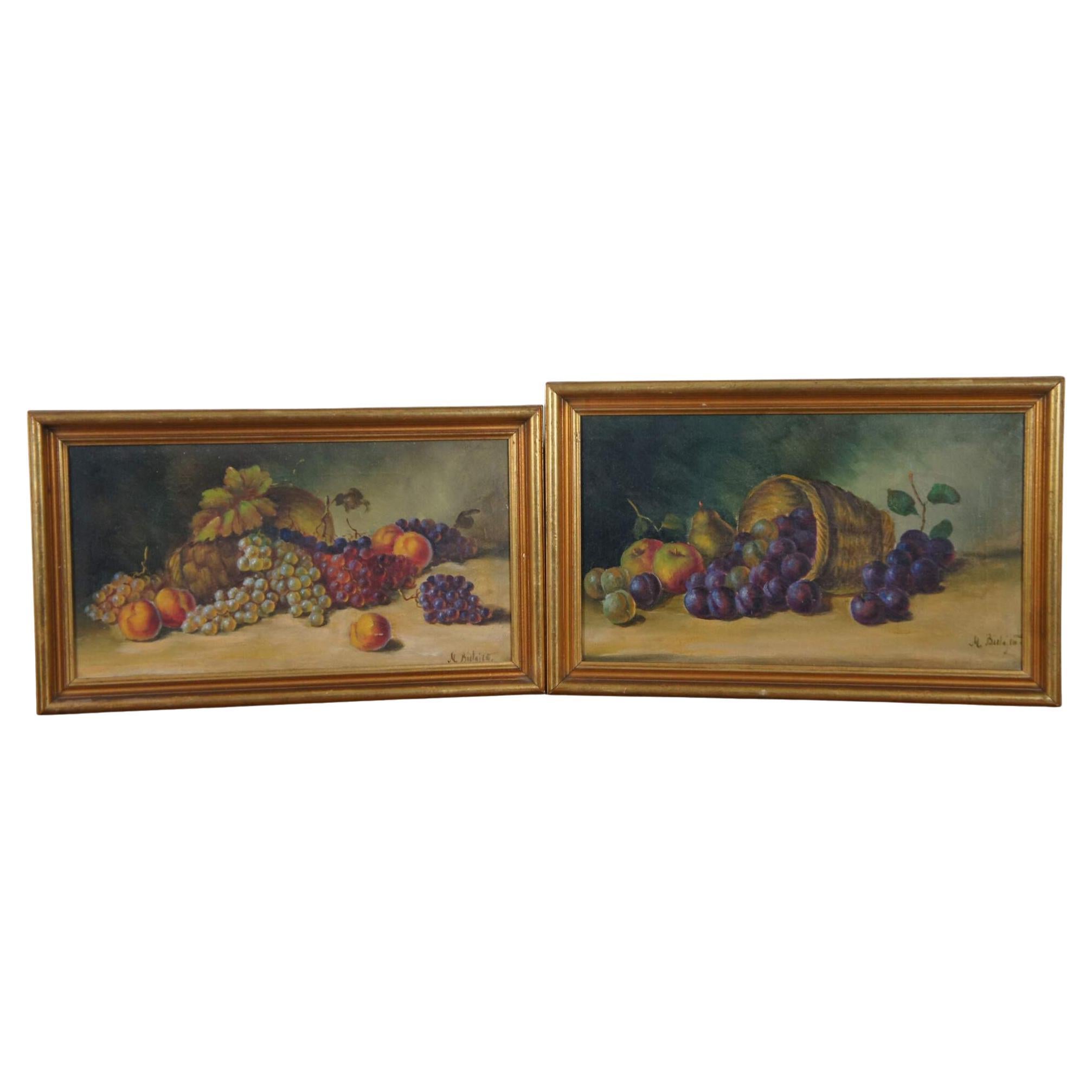2 Antique Realist Still Life Oil Paintings on Canvas Fruit Grapes Plums For Sale