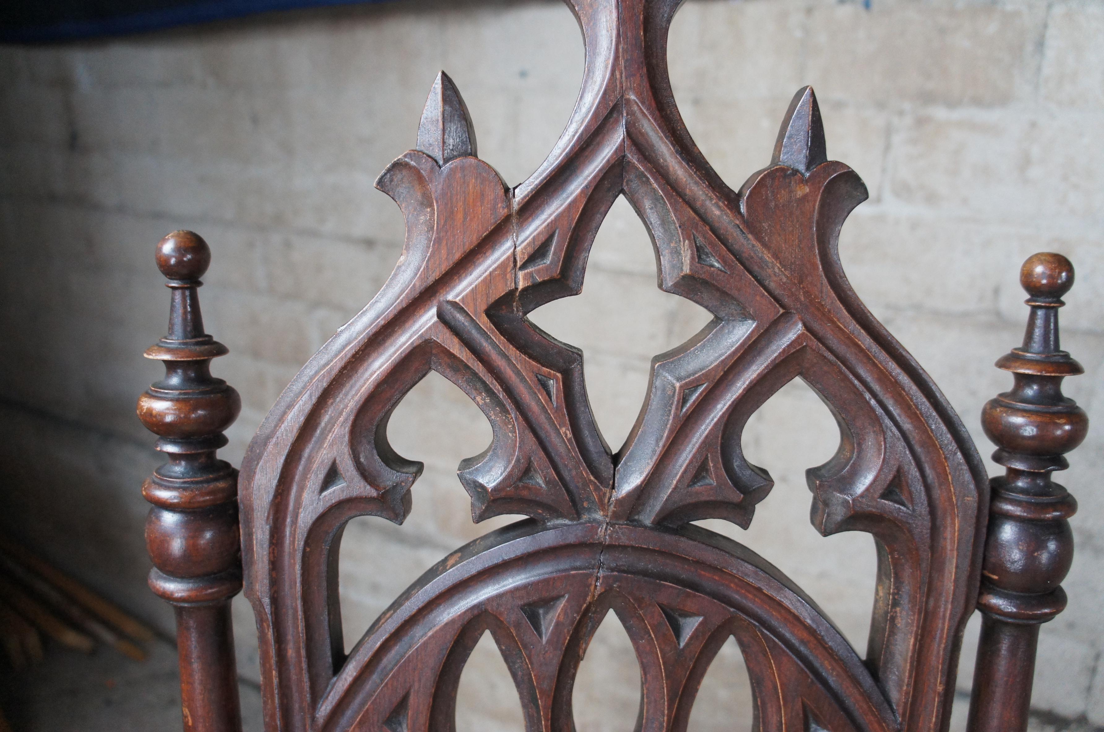 2 Antique Renaissance Gothic Revival Carved Mahogany Throne Dining Chairs 4