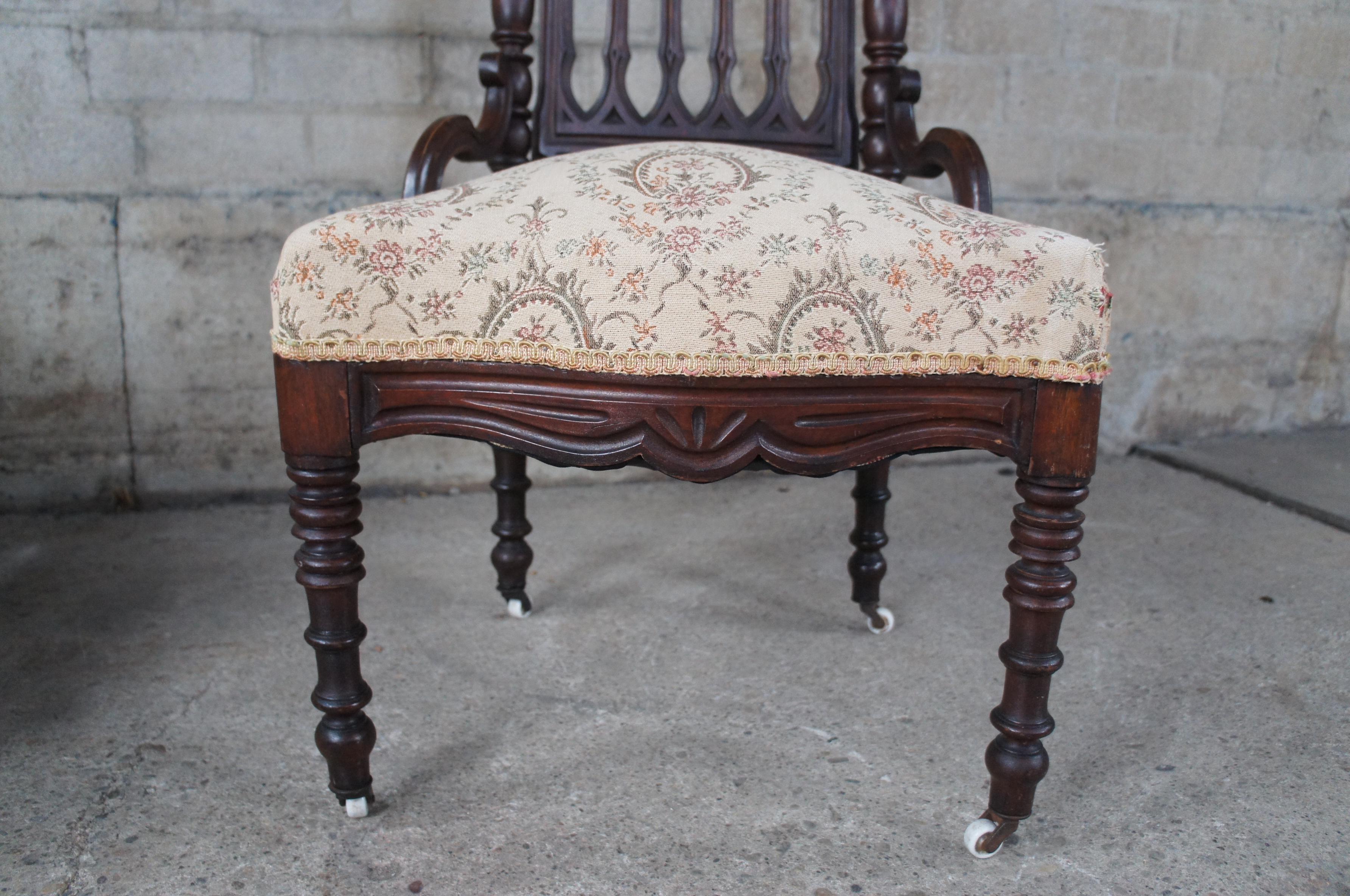 2 Antique Renaissance Gothic Revival Carved Mahogany Throne Dining Chairs For Sale 3