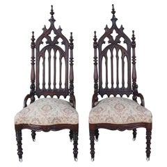 2 Antique Renaissance Gothic Revival Carved Mahogany Throne Dining Chairs