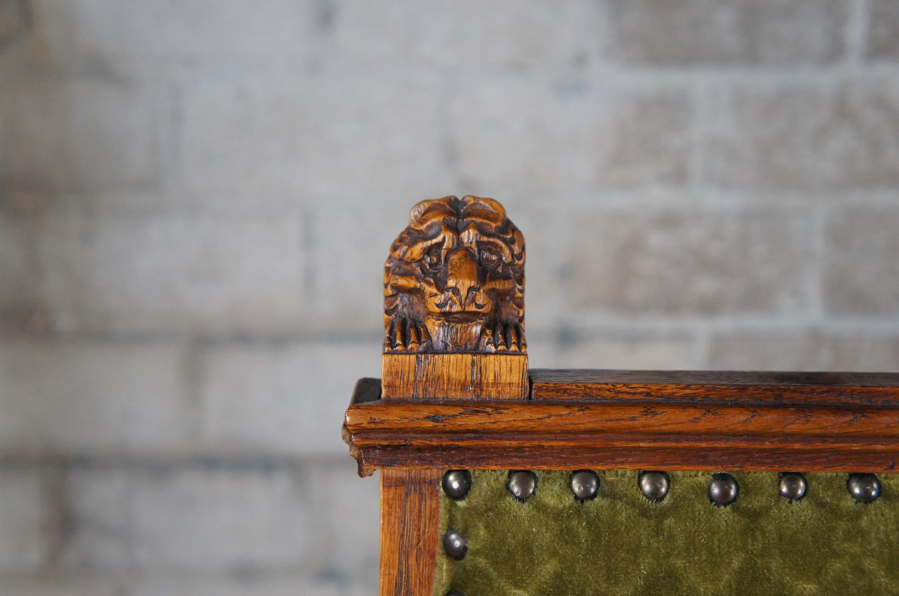 2 Antique Renaissance Revival Henry II Carved Oak Figural Lion Head Side Chairs 1