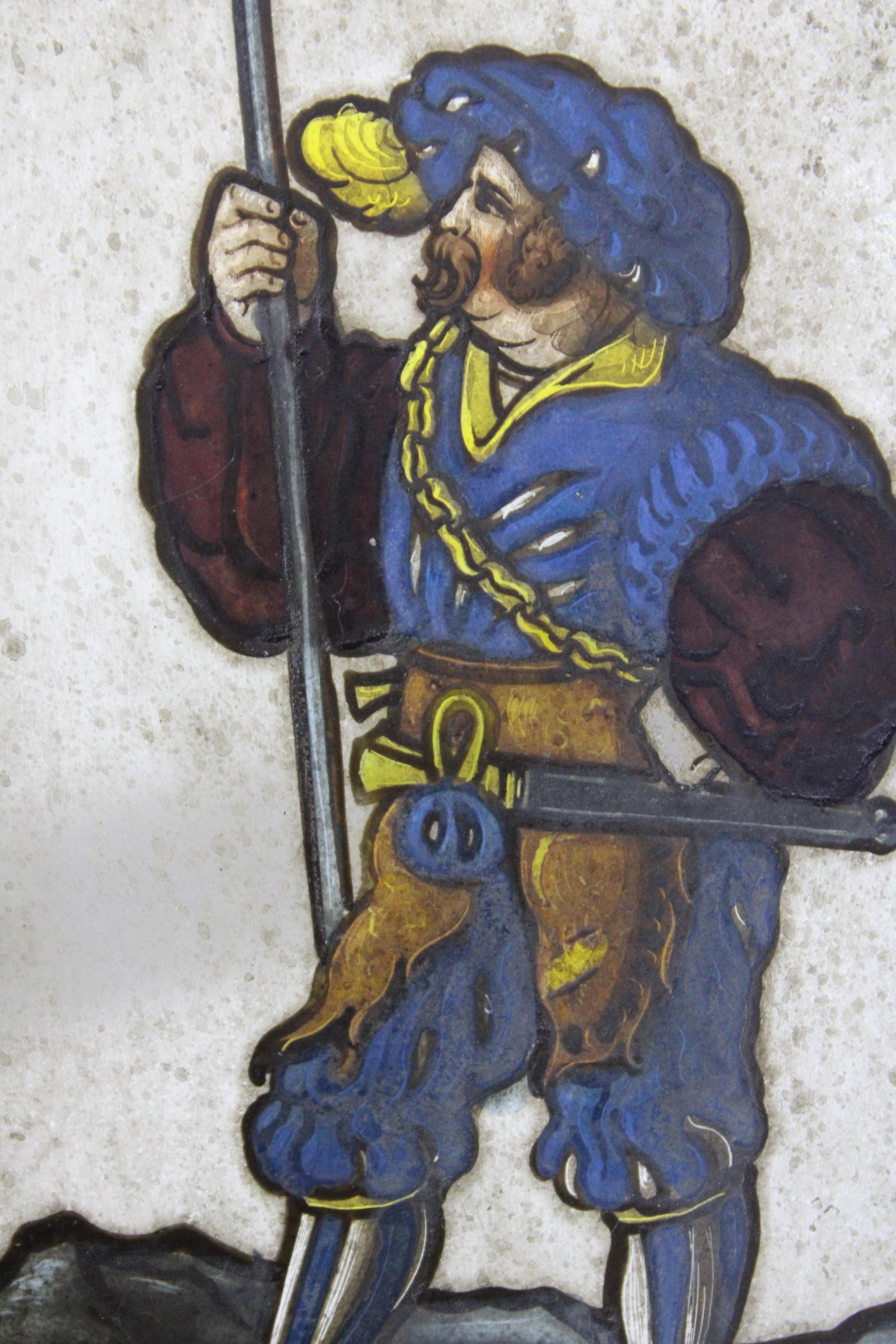 2 Antique Reverse Glass Painting Elizabethan Soldier Hanging Panel Pair 4