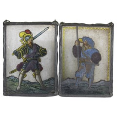 2 Antique Reverse Glass Painting Elizabethan Soldier Hanging Panel Pair