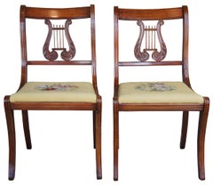 2 Antique RH Macy & Co. Cherry Floral Needlepoint Harp Back Floral Side Chairs
