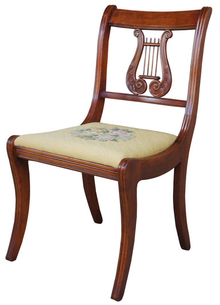 2 Antique RH Macy and Co. Cherry Floral Needlepoint Harp Back Floral