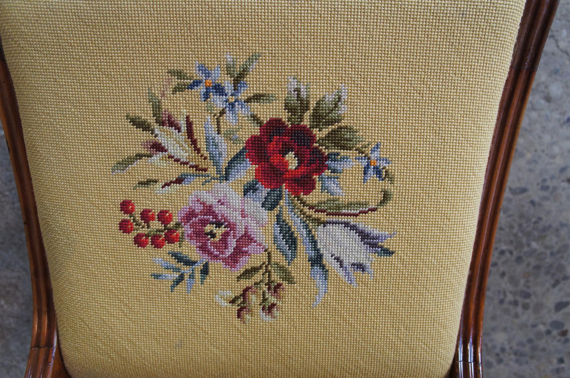 Victorian 2 Antique RH Macy & Co. Cherry Floral Needlepoint Harp Back Floral Side Chairs
