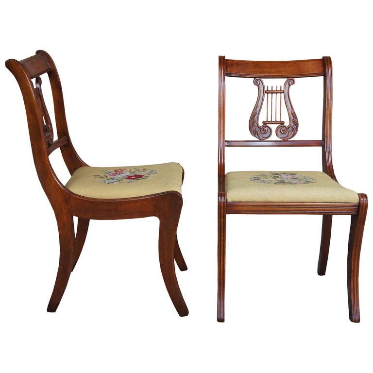 2 Antique RH Macy and Co. Cherry Floral Needlepoint Harp Back Floral