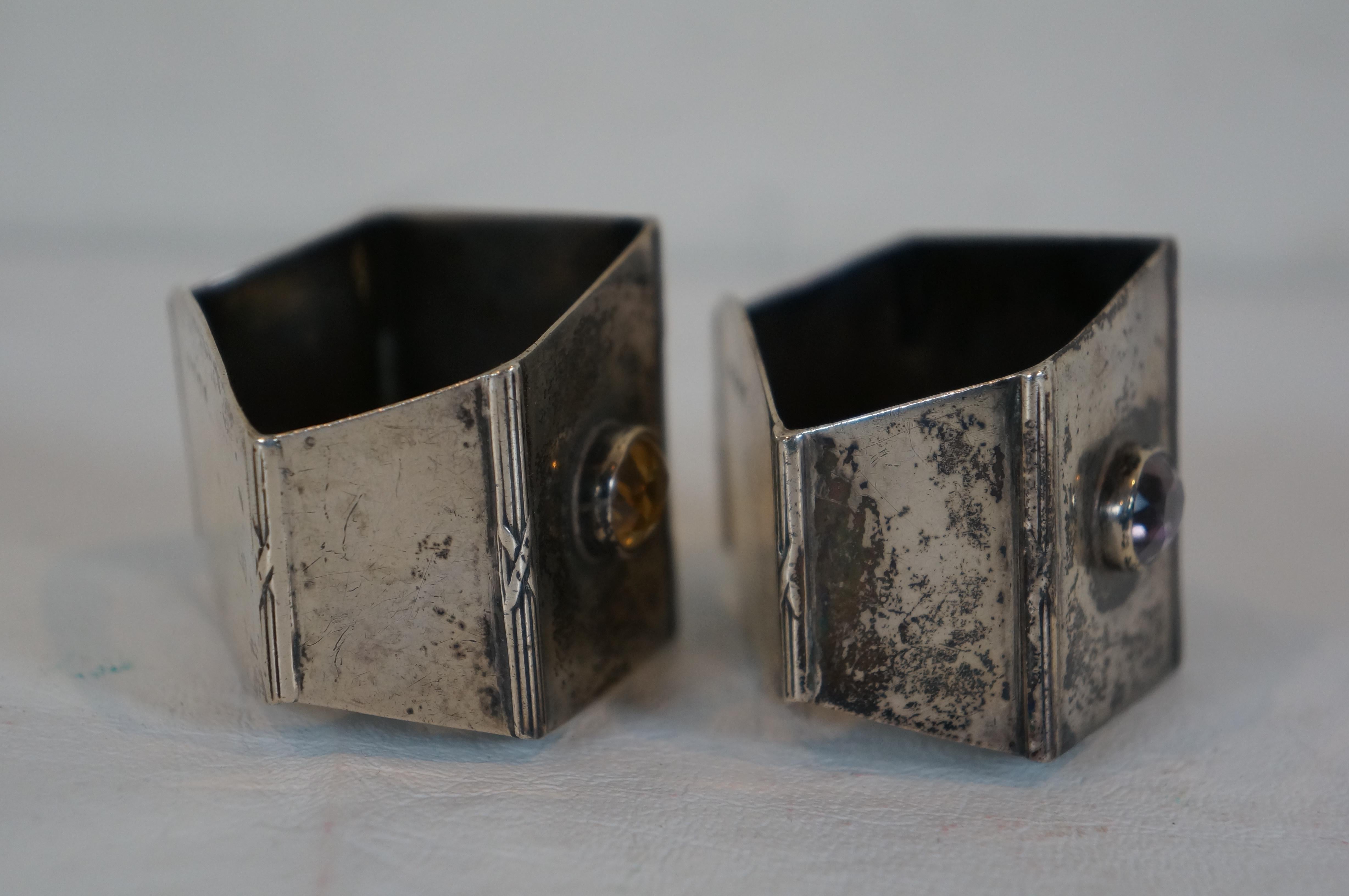 2 Antique Robert Chandler Sterling Silver Amethyst Citrine Napkin Rings en vente 1