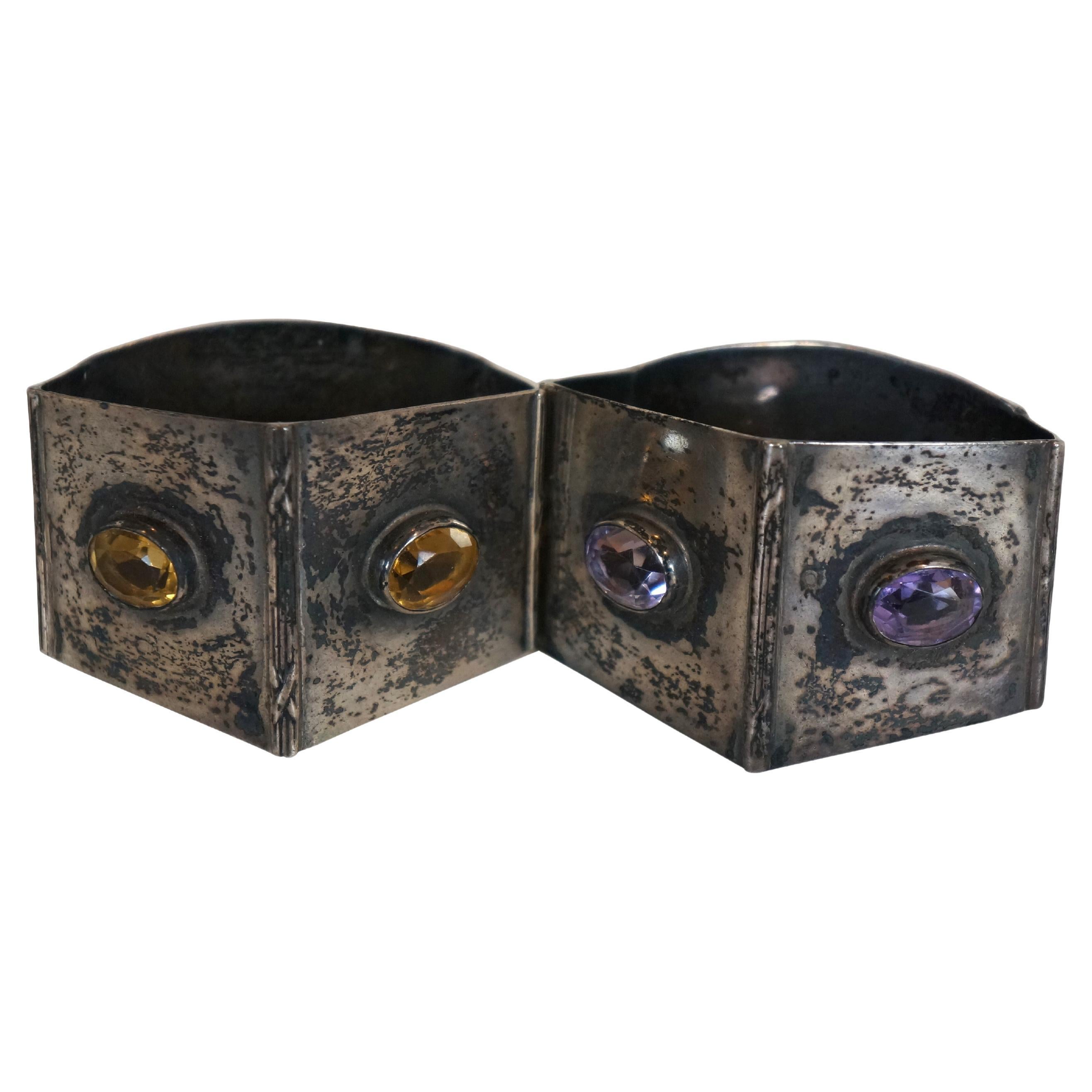 2 Antique Robert Chandler Sterling Silver Amethyst Citrine Napkin Rings en vente