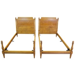 2 Antique Robert Irwin French Louis XVI Neoclassical Satinwood Twin Size Beds