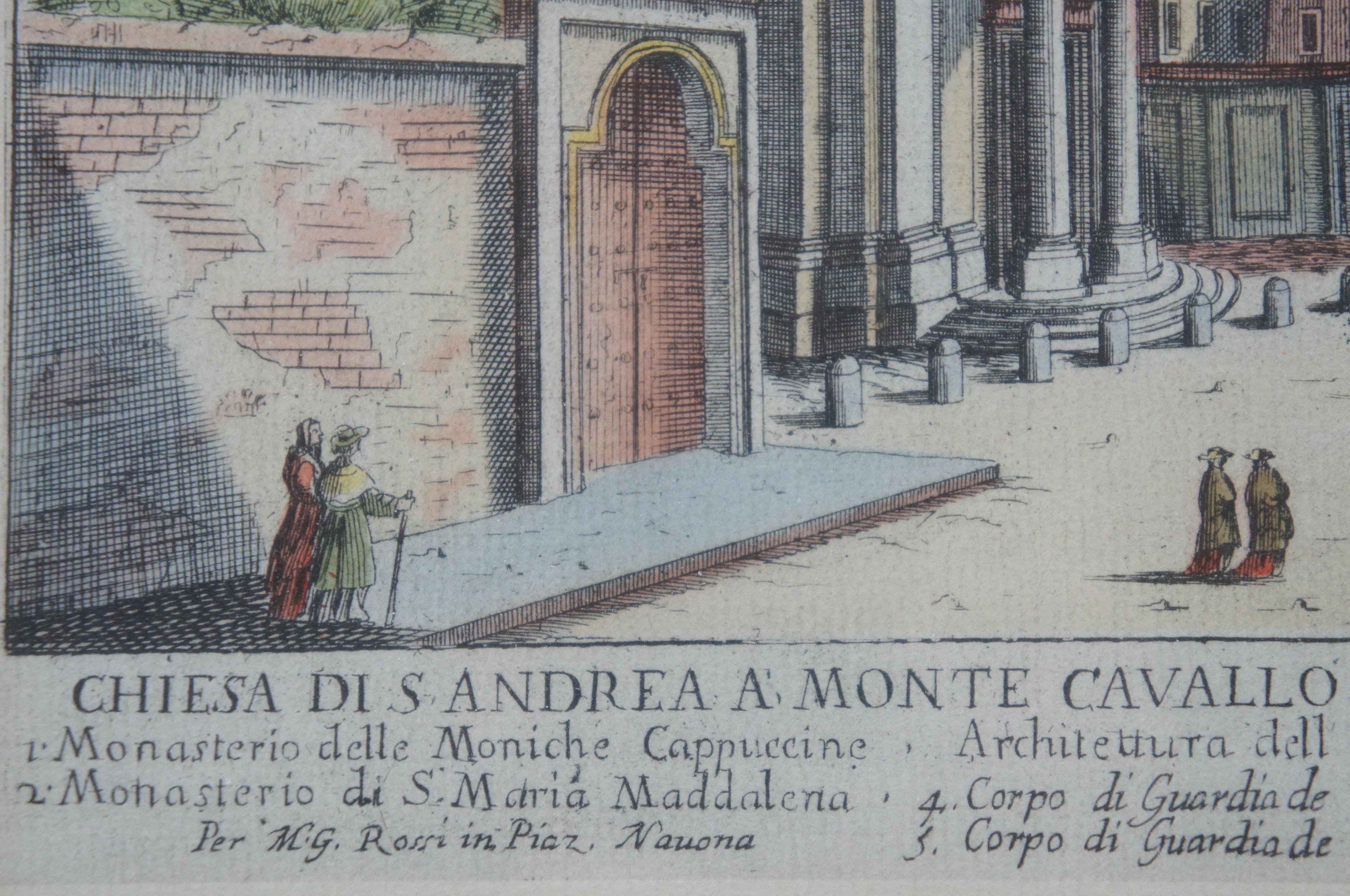 2 Antique Rome Italy Color Engravings St Andrea Church Piazza Turtle Fountain For Sale 2