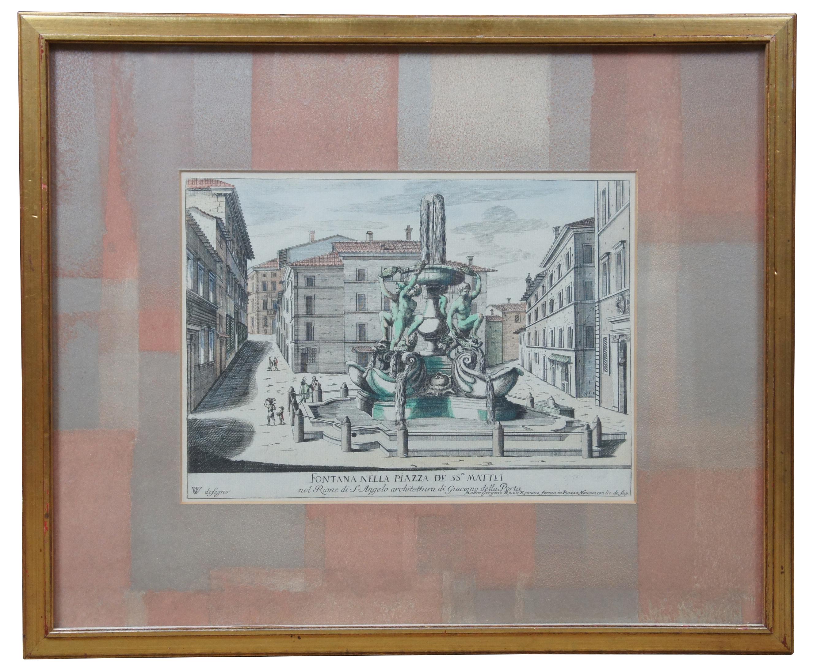 Ensemble de deux gravures anciennes en couleur représentant certaines des splendeurs de Rome - une rue de la ville représentant l'église de Saint Andrea et une autre montrant la fontaine de la Tortue sur la Piazza Mattei.
  