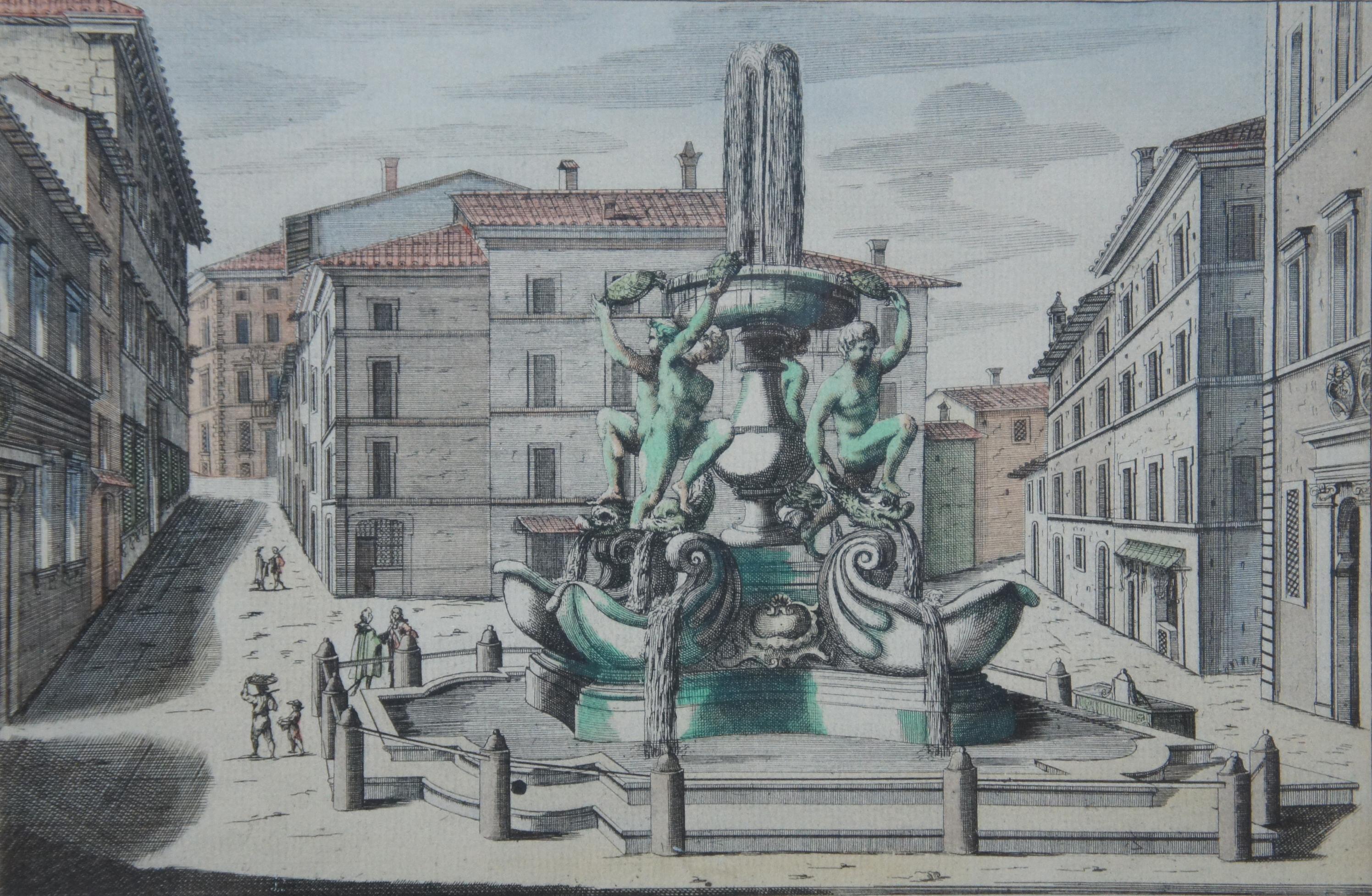 2 Antique Rome Italy Color Engravings St Andrea Church Piazza Turtle Fountain In Good Condition For Sale In Dayton, OH