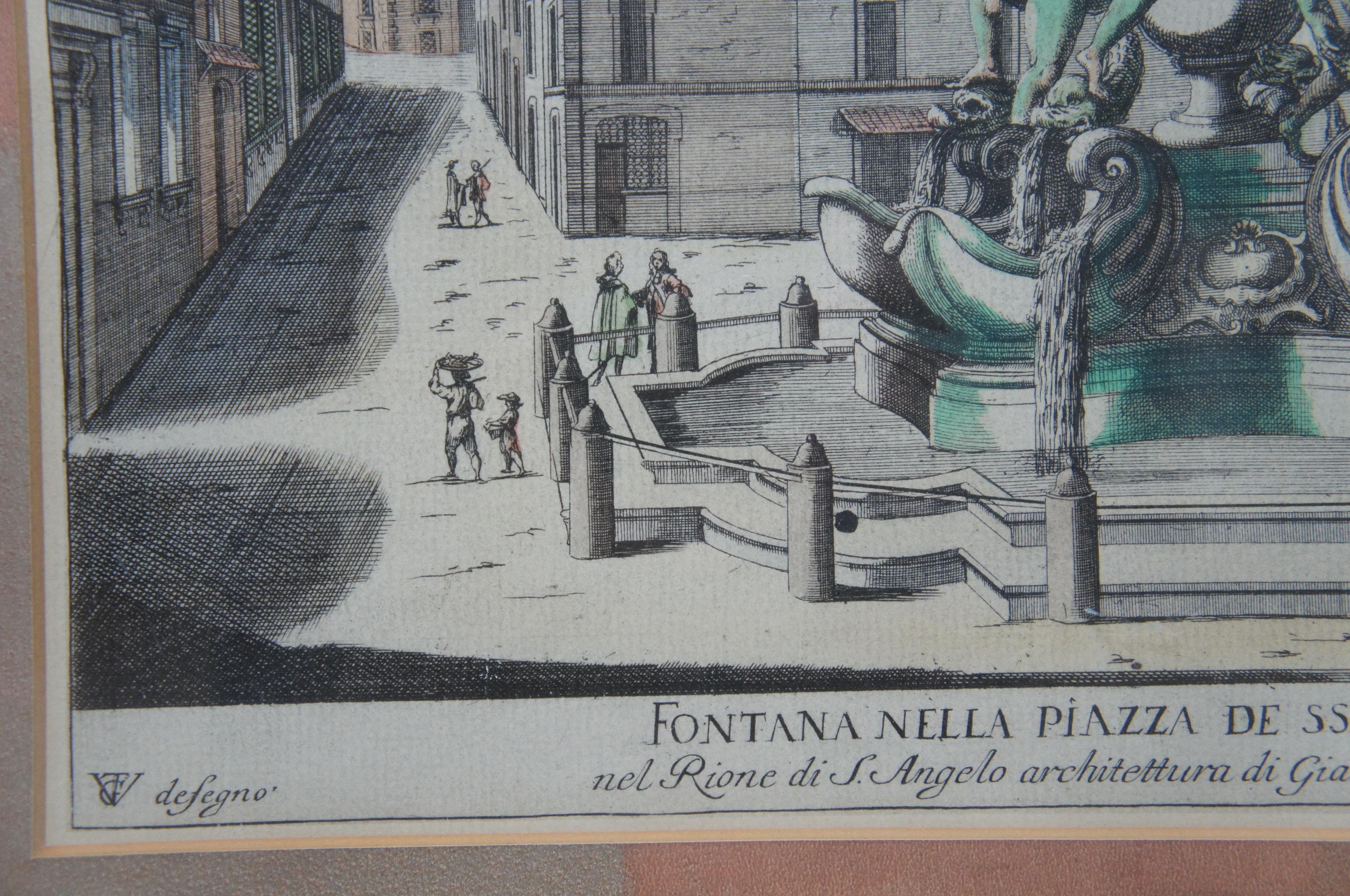 Paper 2 Antique Rome Italy Color Engravings St Andrea Church Piazza Turtle Fountain For Sale