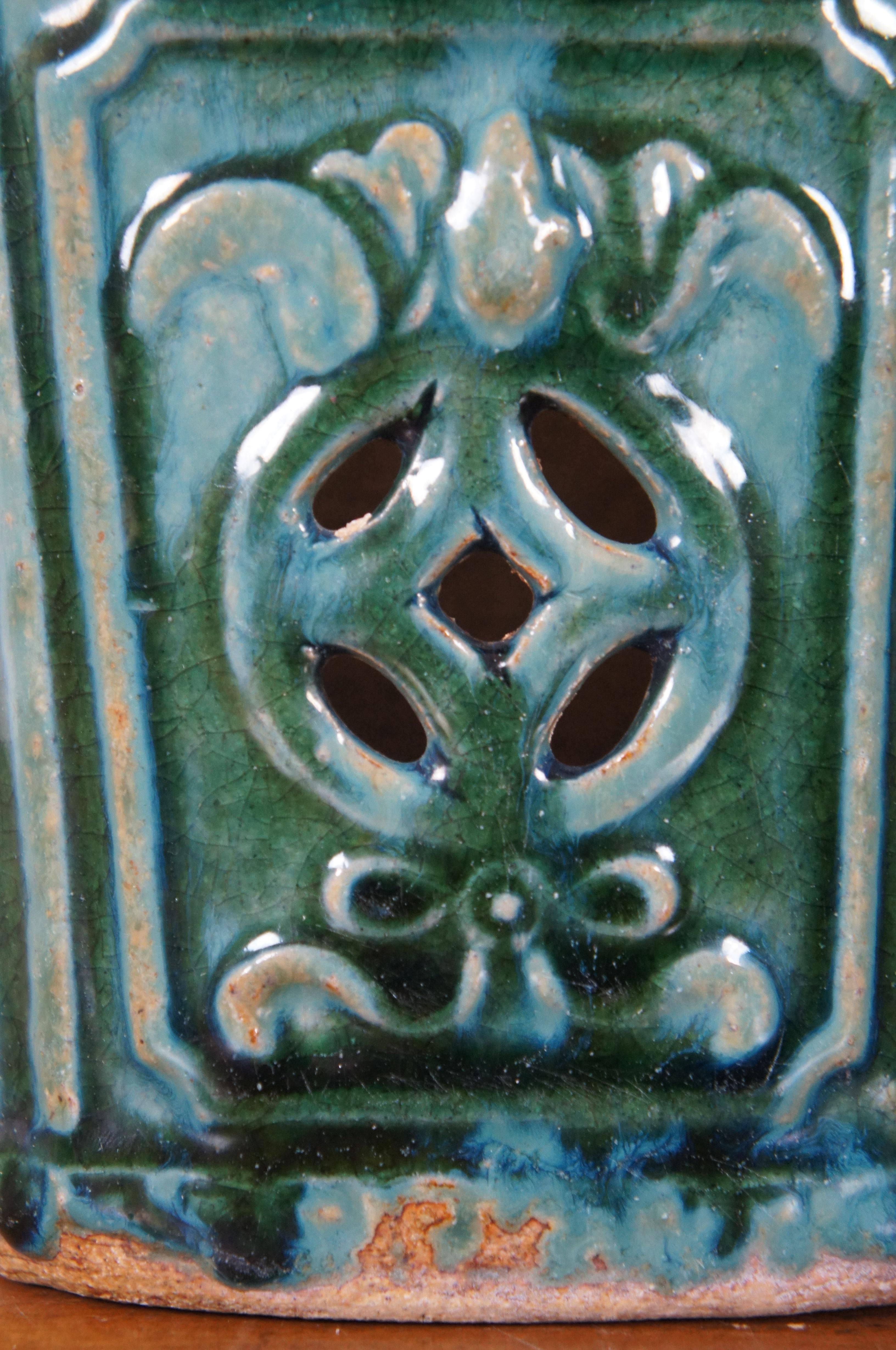 2 Antique Shiwan Chinese Glazed Green Ceramic Chopstick Holder Wall Pocket 6