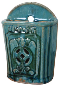 2 Antique Shiwan Chinese Glazed Green Ceramic Chopstick Holder Wall Pocket